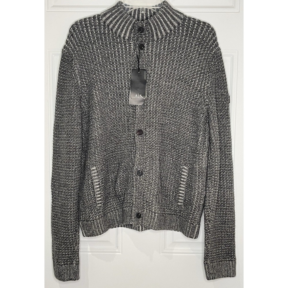 Armani Exchange Men's Large Gray Waffle Knit Button Up Cardigan Pockets NWT